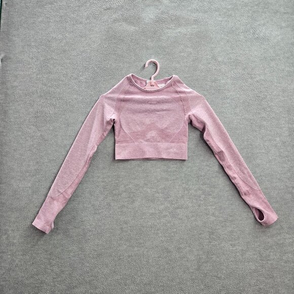 Gymshark Women Activewear Top XS Pink Long Sleeve Logo Cropped Thumbholes - Picture 1 of 7